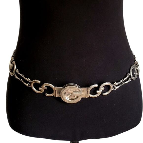 Gucci 1970s Silver Plated Logo Belt GG Designer Chain Metal Link Signature Italy - Picture 1 of 16